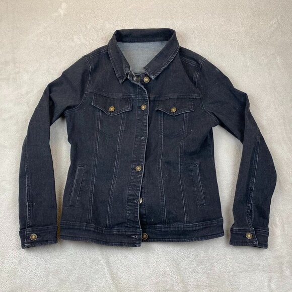 Women's Black Denim Jean Jacket Medium Stretch Fitted Classic Button Y2K - Picture 11 of 12
